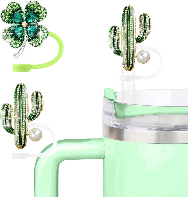 SEMATA Cute Green Cactus Straw Cover Cap for Stanley Cup Accessories,Bling Crystals Straw Toppers for Stanley Tumbler 40&30 oz,Rhinestone Reusable Straws Tips Protectors Compatible with 10mm Straws - Image 1